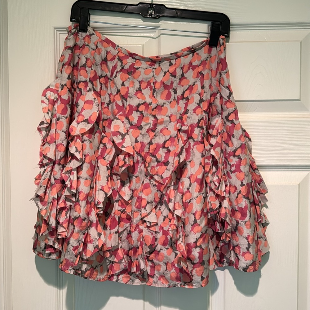 Garnet Hill Skirt Size 8 100% Silk Vertical Ruffles Lined Abstract Dots Pink